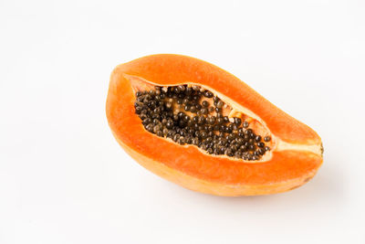 Close-up of orange slice against white background