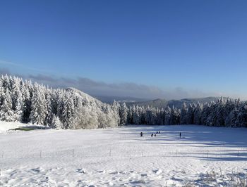 Scenic view of snow covered field against sky