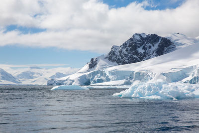 Scenic view of sea and snowcapped mountains against sky