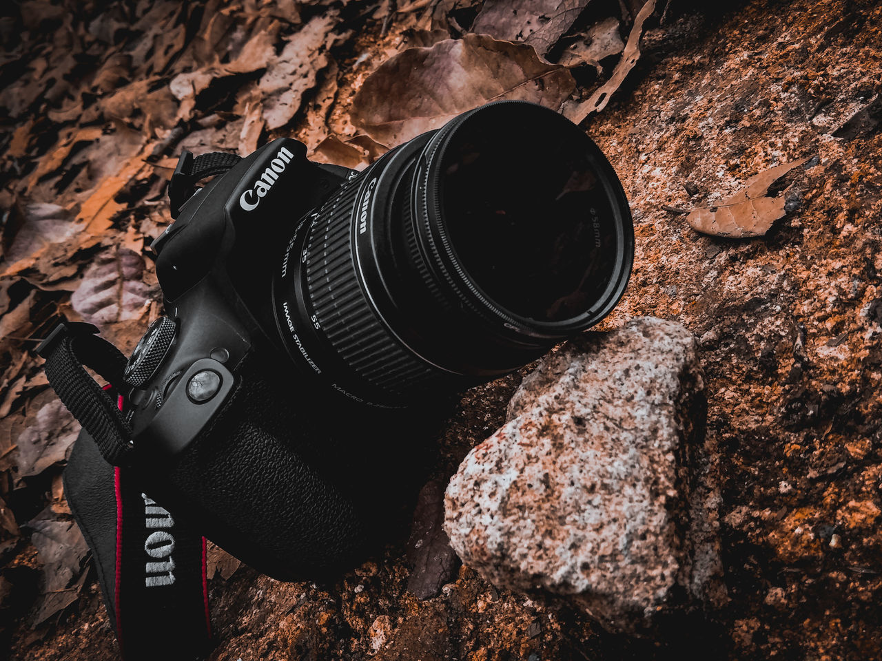 HIGH ANGLE VIEW OF CAMERA ON ROCK WITH TEXT