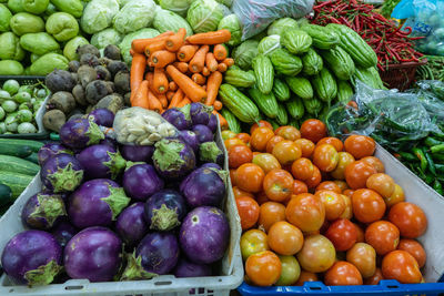 High angle view of fresh vegetables in market stall