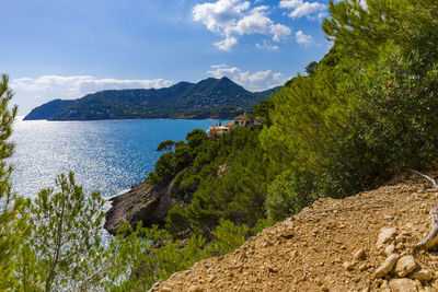 Scenic view of sea and mountains against sky