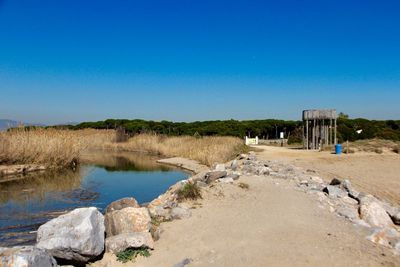 Scenic view of lake against clear blue sky