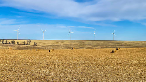 Wind turbines on field against sky