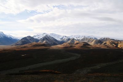 Scenic view of mountains against cloudy sky