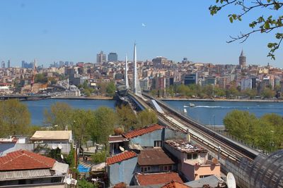 High angle view of city at waterfront