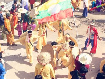 High angle view of people on street in city