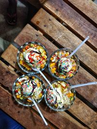 High angle view of ice cream on table