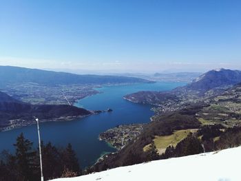 Scenic view of river and mountains against clear blue sky