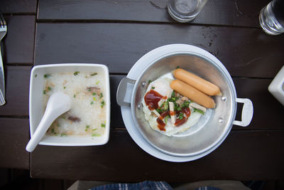 High angle view of food served on table