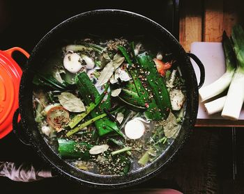 High angle view of food in bowl on table