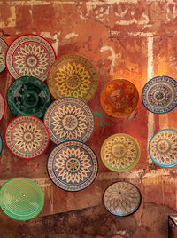 High angle view of multi colored umbrellas on table