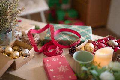 Close-up of christmas decorations on table