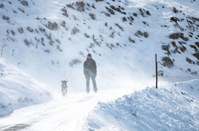 Mid adult woman with dog standing on snow covered mountain