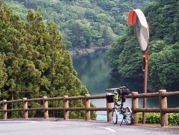 Bicycle on bridge over river in japan