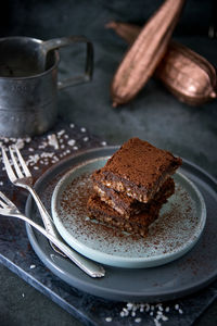 Close-up of brownie in plate on table