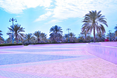 Palm trees by swimming pool against sky