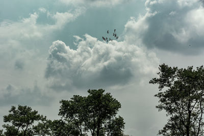 Low angle view of airplane flying against sky