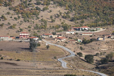 High angle view of buildings against sky