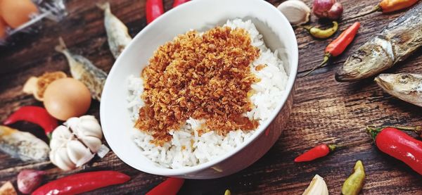 High angle view of breakfast on table
