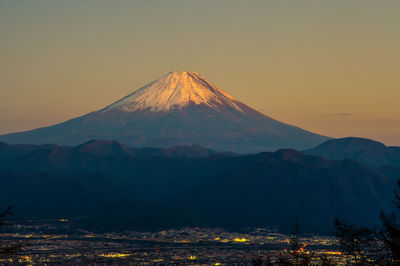 Scenic view of snowcapped mountains against sky during sunset