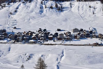High angle view of snow covered land