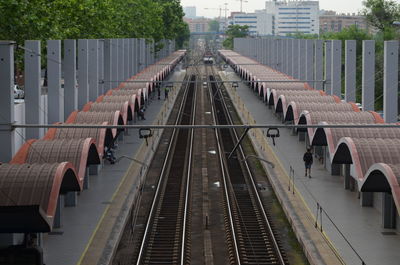 High angle view of railroad tracks in city