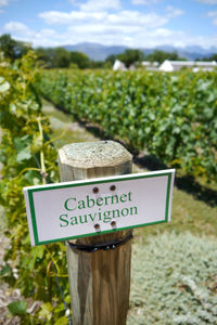 Close-up of sign on wooden post