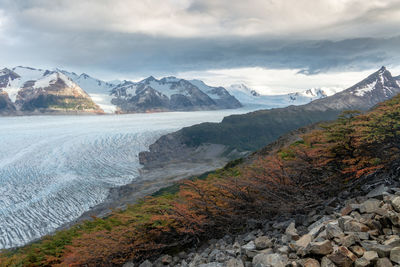Scenic view of snowcapped mountains against sky