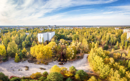Ukraine, kyiv oblast, pripyat, aerial view of abandoned city in autumn