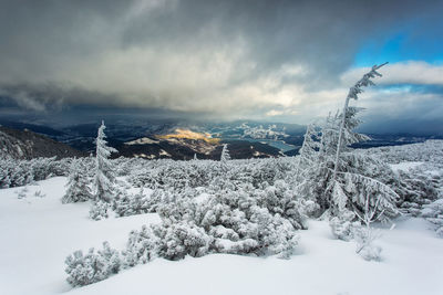 Snow covered landscape against cloudy sky