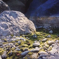 Scenic view of pebbles at beach