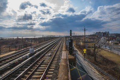 High angle view of railway tracks against sky in city