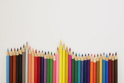 Close-up of multi colored pencils against white background