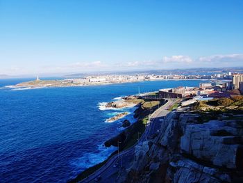 Scenic view of sea against blue sky
