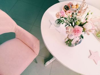 High angle view of bouquet on table