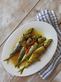 High angle view of seafood in plate on table