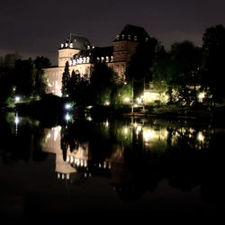 Reflection of illuminated buildings in water