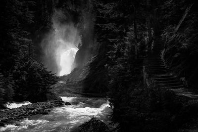 Black and white scenic waterfall. this is from bear creek close to revelstoke, british columbia.