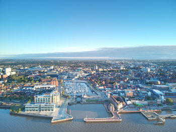 Drone view of sunrise at the marina in hull, east yorkshire, uk