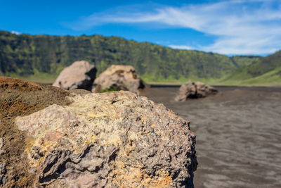 Close-up of rock on landscape against sky