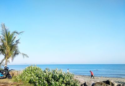 People at beach against clear sky