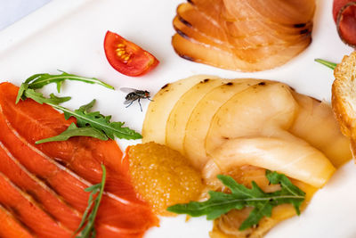 High angle view of fish served in plate