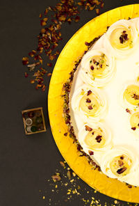 High angle view of dessert on table