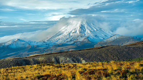 Scenic view of snowcapped mountains against sky