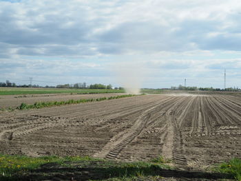 Scenic view of agricultural field against sky