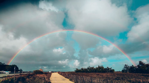 Panoramic view of rainbow over land against sky