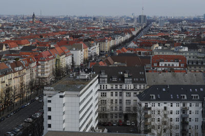 High angle view of buildings in city