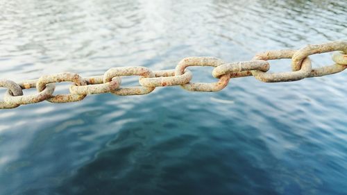 View of sea seen through chainlink fence