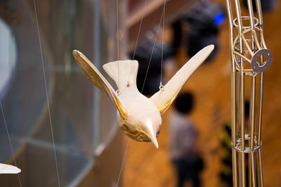 Close-up of toy bird hanging 